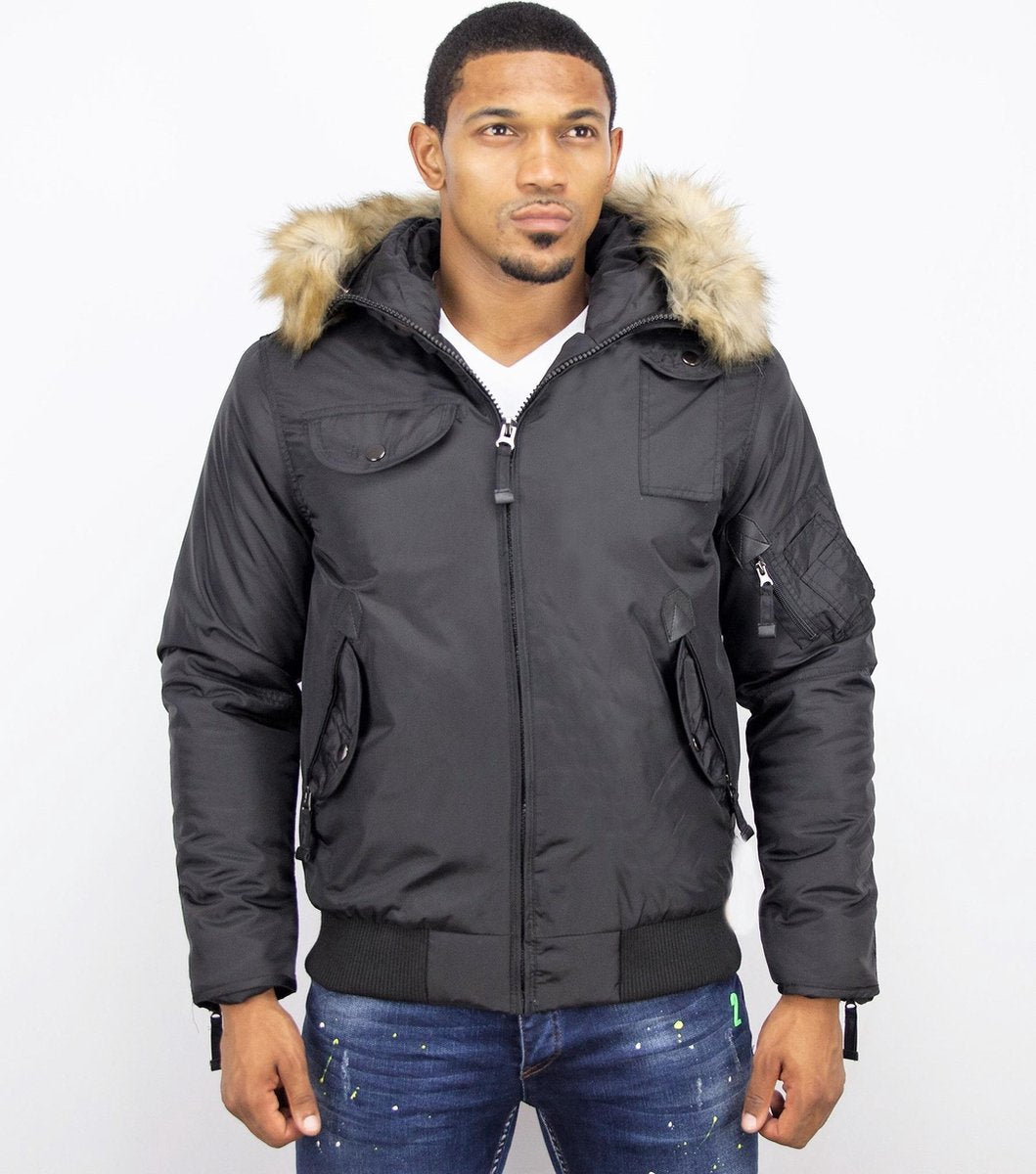 JUST KEY Korte Heren Winterjas – Met Bontkraag – Zwart - Maat: L