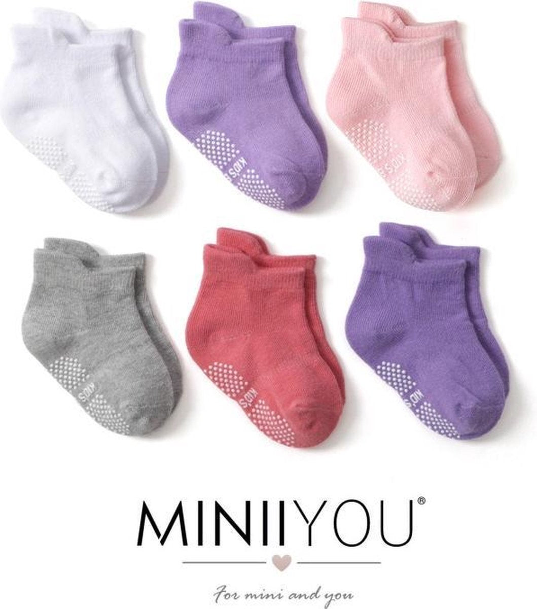 6 paar - Stevige Antislip sokken effen roze grijs paars  (1-3 jaar) - meisjes baby en dreumes enkelsokjes anti slip - Maat 21-24