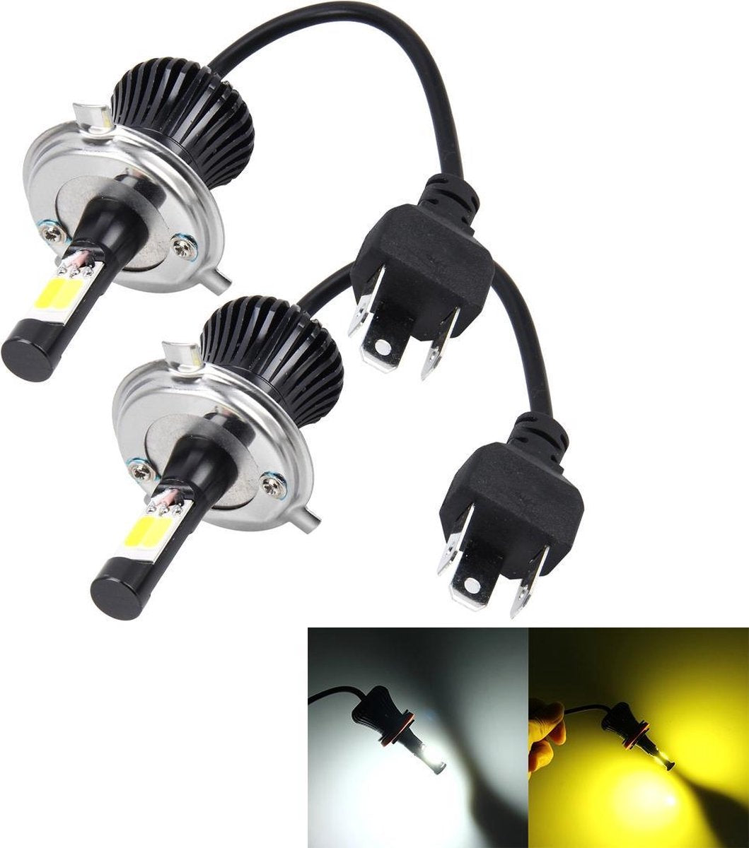 2 STKS H4 DC 12 V 6 W 6000 K + 3500 K Auto LED Mistlampen met dubbelzijdige COB Lampen (Wit Licht + Geel licht)