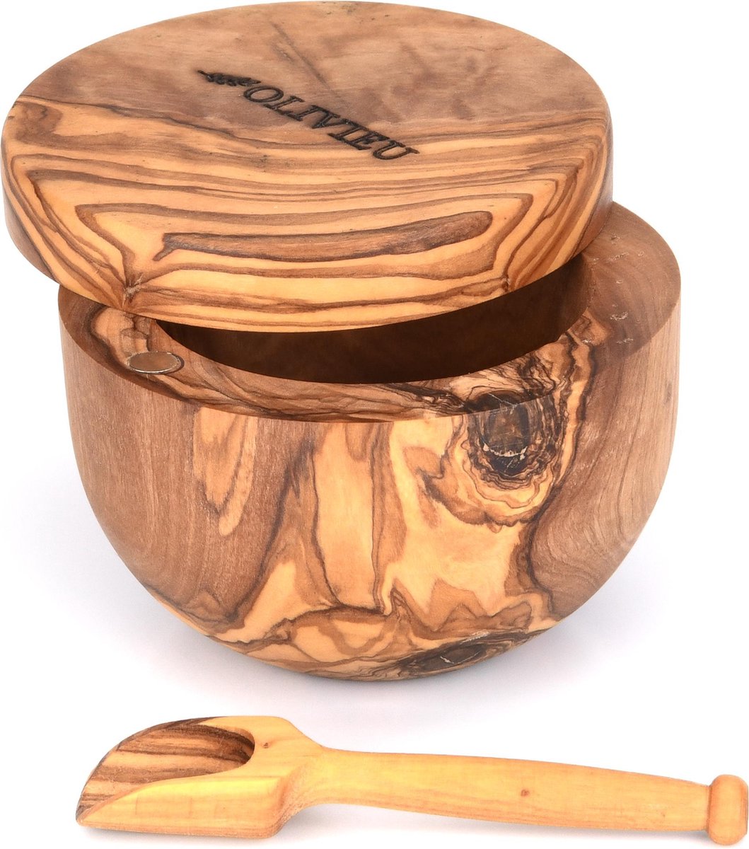 OLIVIEU ~ Luxe Handgemaakte Kruidenpotje van Olijfhout ~  10 cm ⌀ ~ met Magnetische Deksel & Lepel | Uniek Cadeau | Houten Voorraadpot | Houten Zoutpot | Houten Suikerpot
