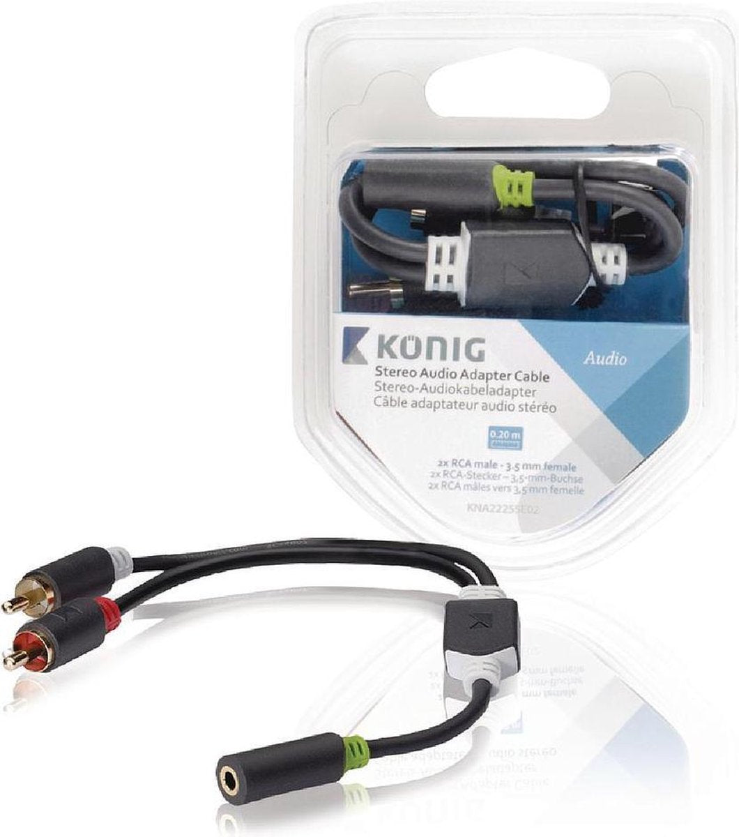 Stereo audio adapter cable 2x RCA male - 3.5 mm female 0.20 m grey