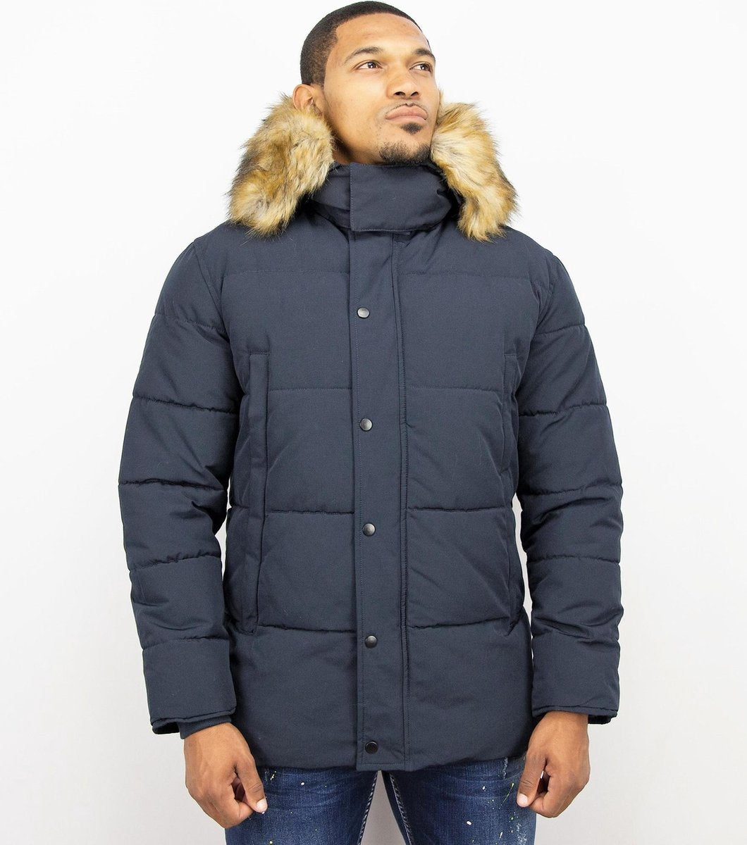 Enos Heren Winterjas – Met Bontkraag – Donkerblauw - Maat: L