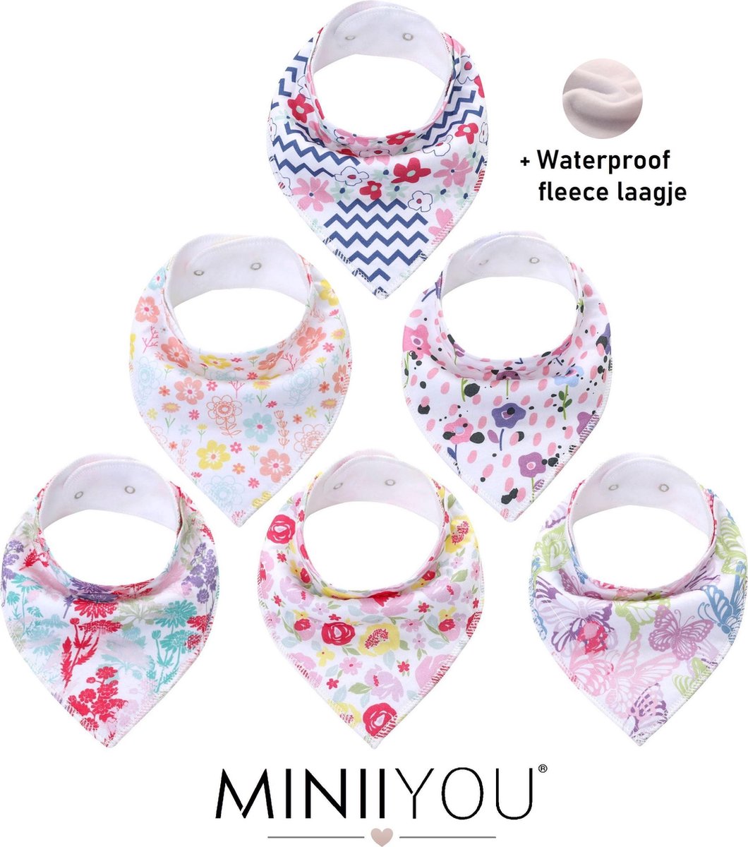 MINIIYOU Bandana Kwijlalabbetjes - Gebloemd - 6 Stuks - Puntslabbetjes - Waterproof Laagje