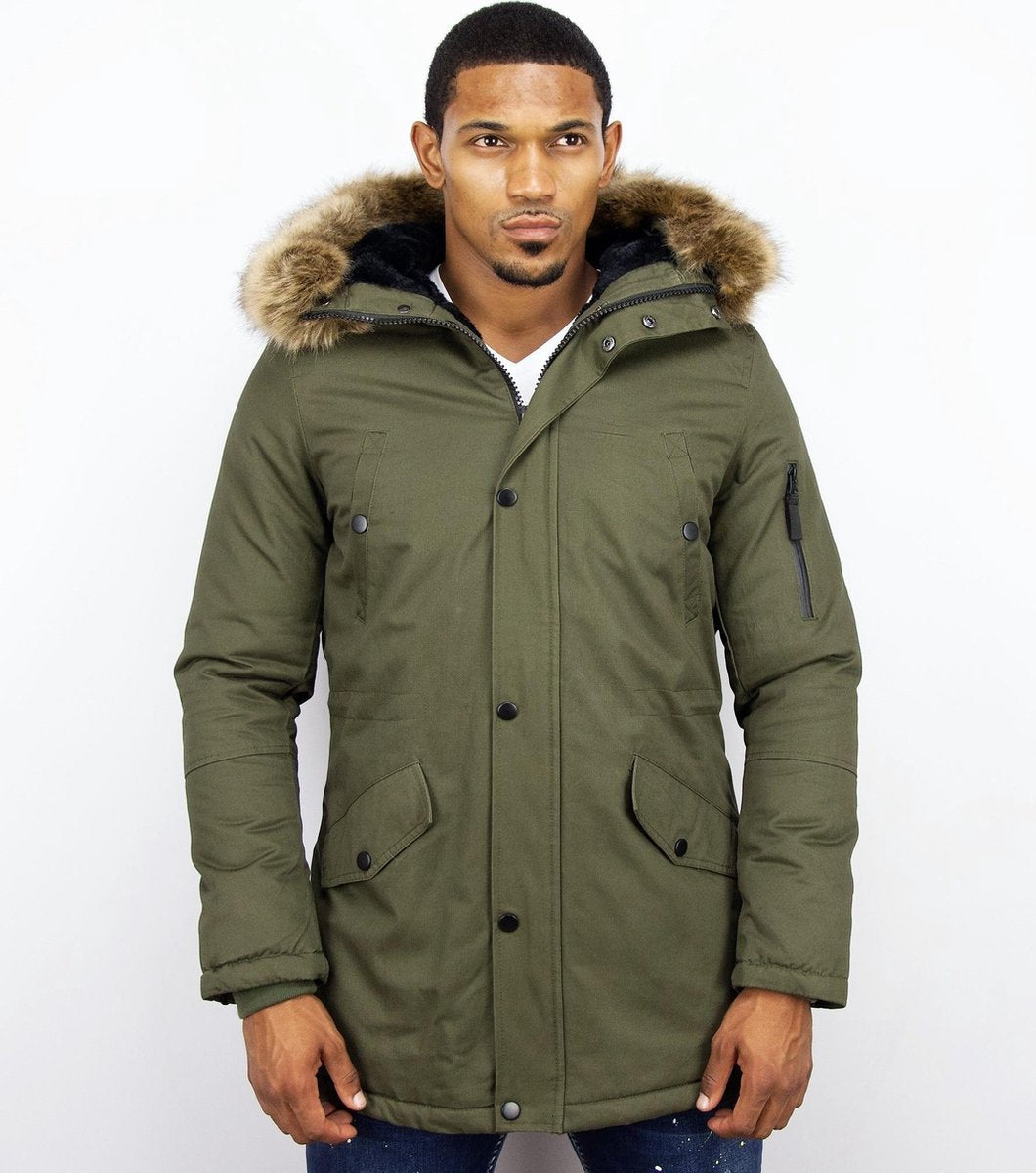 Enos Lange Parka Jas Heren – Met Faux Bontkraag– Groen Heren Parka M