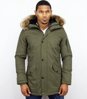 Enos Lange Parka Jas Heren – Met Faux Bontkraag– Groen Heren Parka M