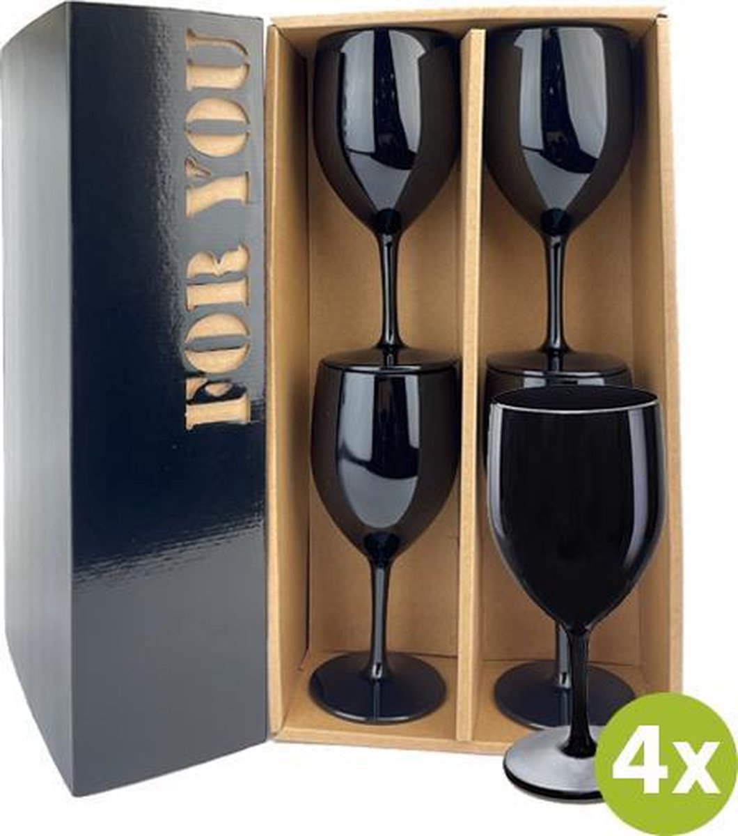 4x Wijnglas Lissabon 27cl zwart cadeauset | Onbreekbare kunststof / plastic drinkglazen