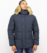 Enos Heren Winterjas – Met Bontkraag – Donkerblauw - Maat: XL