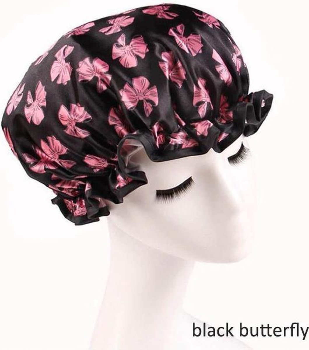 Dikke 1 Stuks Douche muts - Shower Cap - Black Butterfly - Waterdicht - BadMuts  - Dubbele Laag - Douchemuts Haar Cover Bedekking - Vrouwen Benodigdheden DoucheCap Badkamer Accessoires