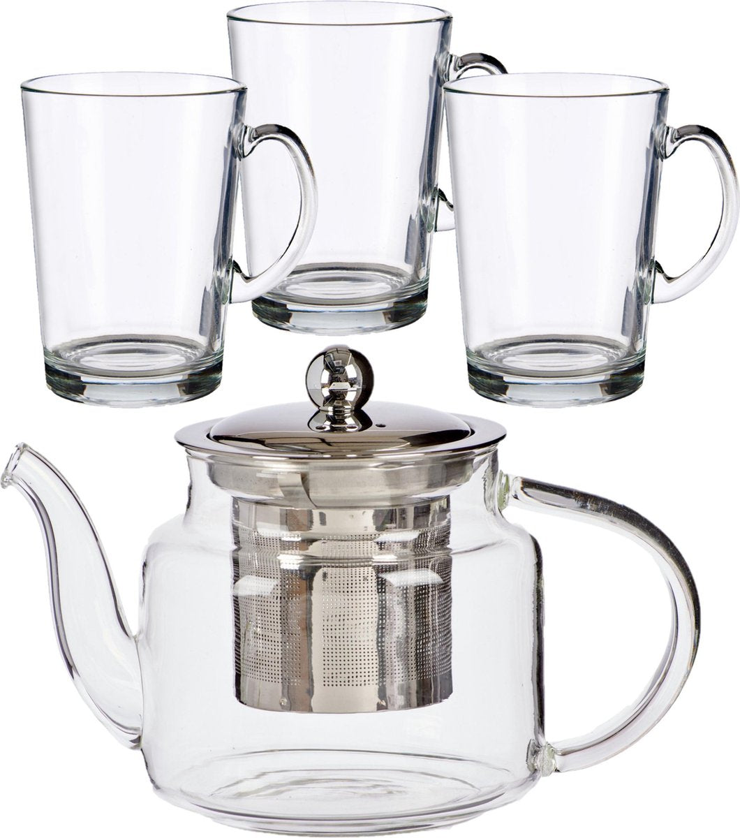 Glazen theepot met filter/infuser van 500 ml met 6x stuks theeglazen van 250 ml