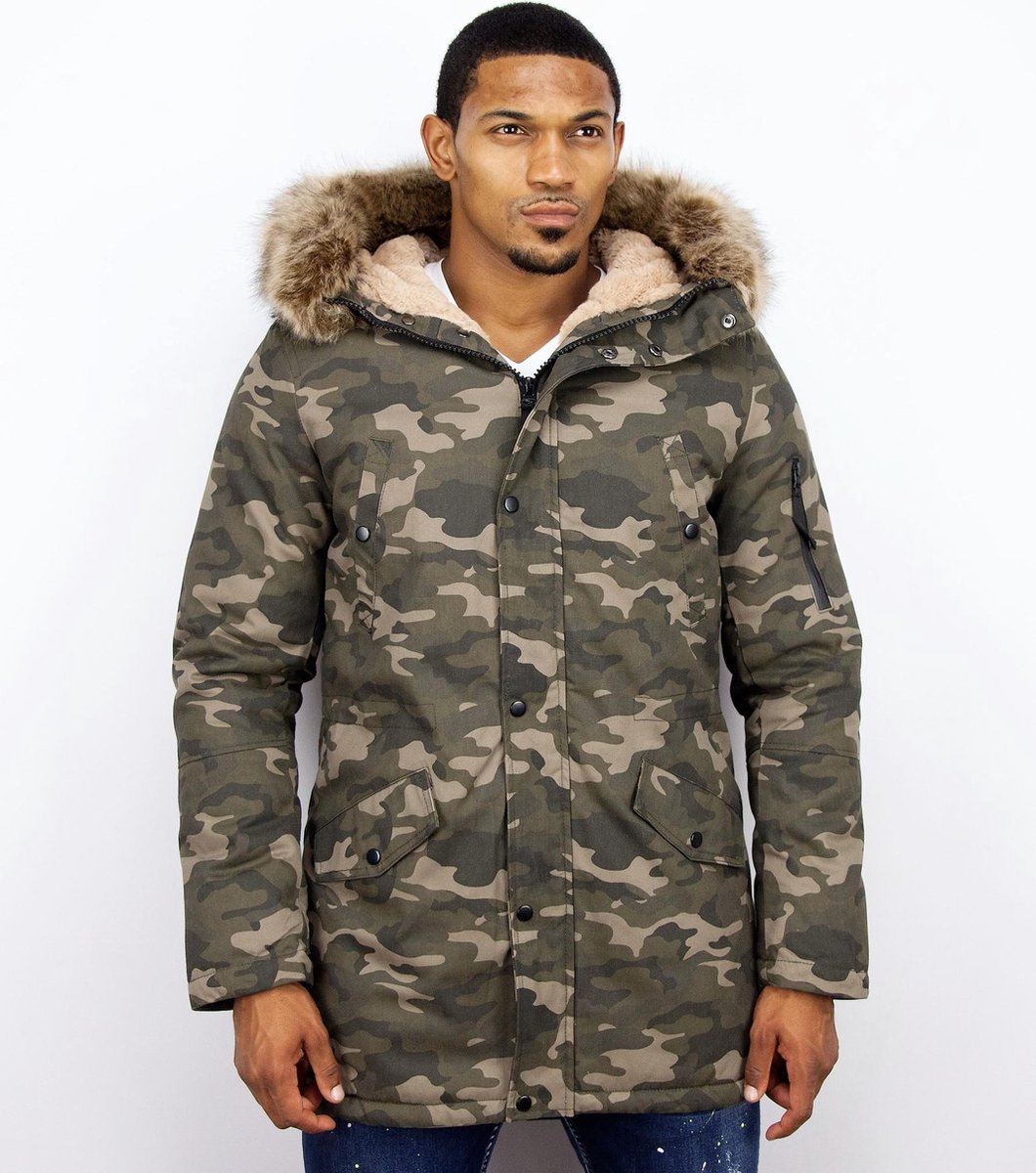 Enos Lange Heren Winterjas – Met Faux Bontkraag – Camouflage Heren Winterjas Heren Jas Maat M