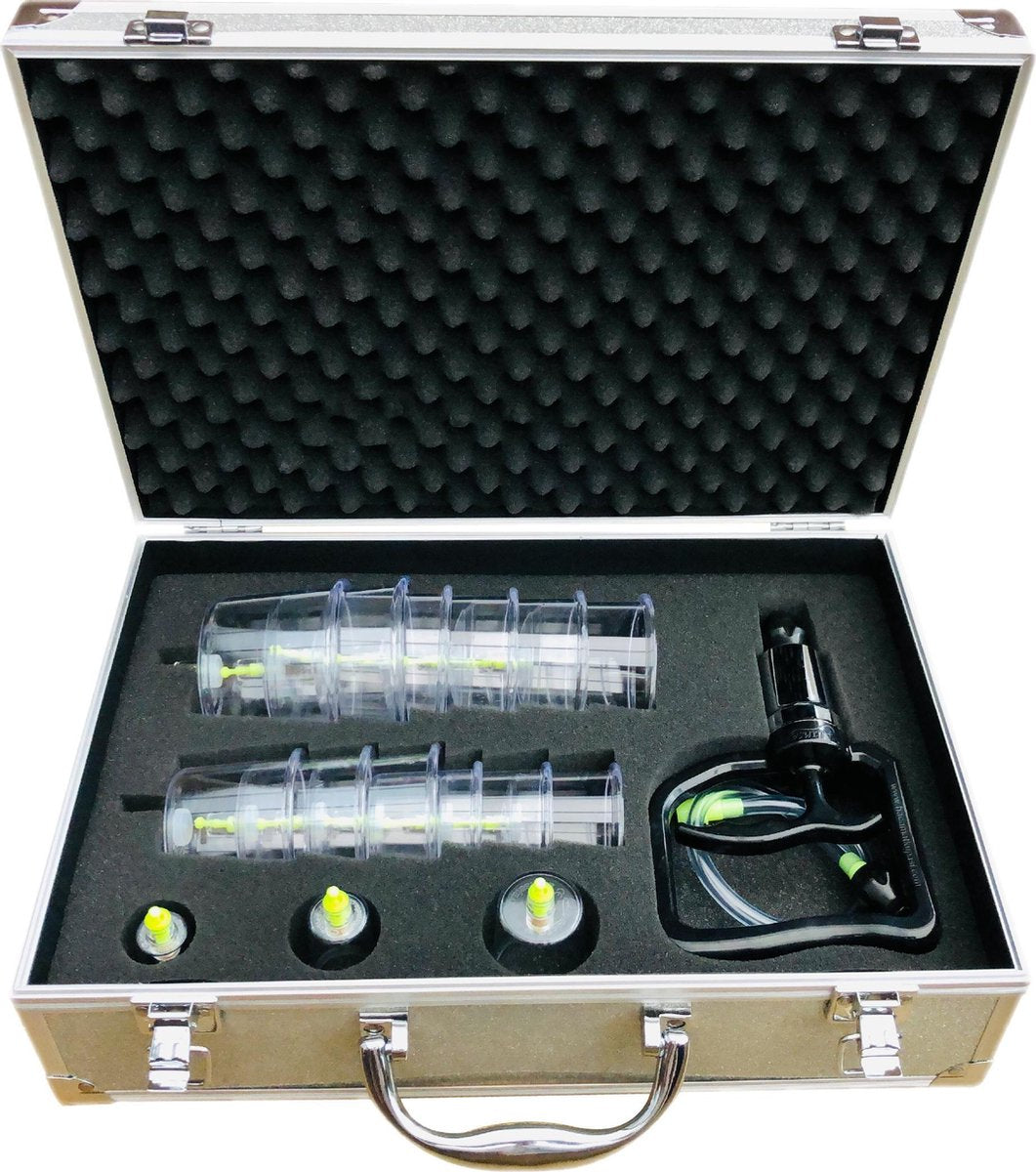 Premium Cupping Cups Set voor Cellulite Massage en Hijama Therapie (15 Stuks Cups met Groot Luxe Pomp in Speciaal Aktetas)
