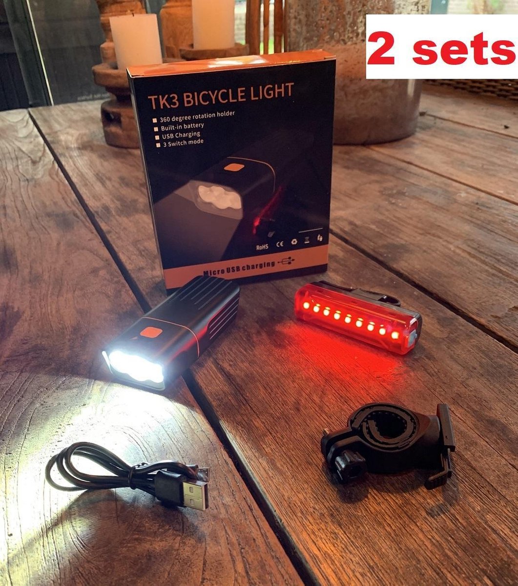 RJRQuality ( 2 SETS) Fietslamp voorlicht TK3 en achterlicht set mega sterk batterij led usb oplaadbaar 1500 L fiets verlichting zware li-ion accu powerbank iphone zaklamp fietslampen Fietsverlichting achter koplamp