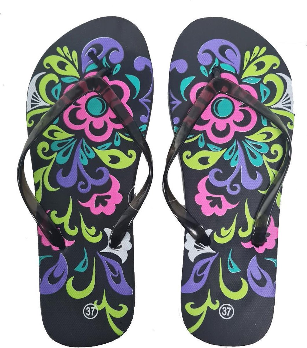 Sorprese – slippers – Flowers zwart – maat 41 – slippers dames – teenslippers - badslippers