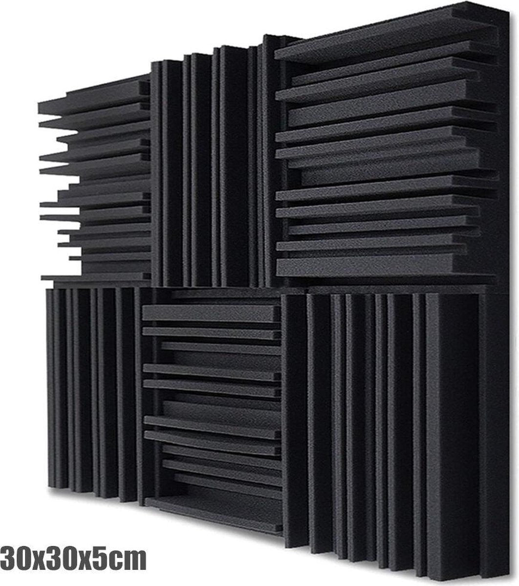 Geluidsisolatie - Noppenschuim Premium - 6 STUKS - Zwarte Wedges - Frequenties Patroon -  30cm x 30cm x 5cm - Akoestisch studioschuim - Isoleren van Geluid - Studio