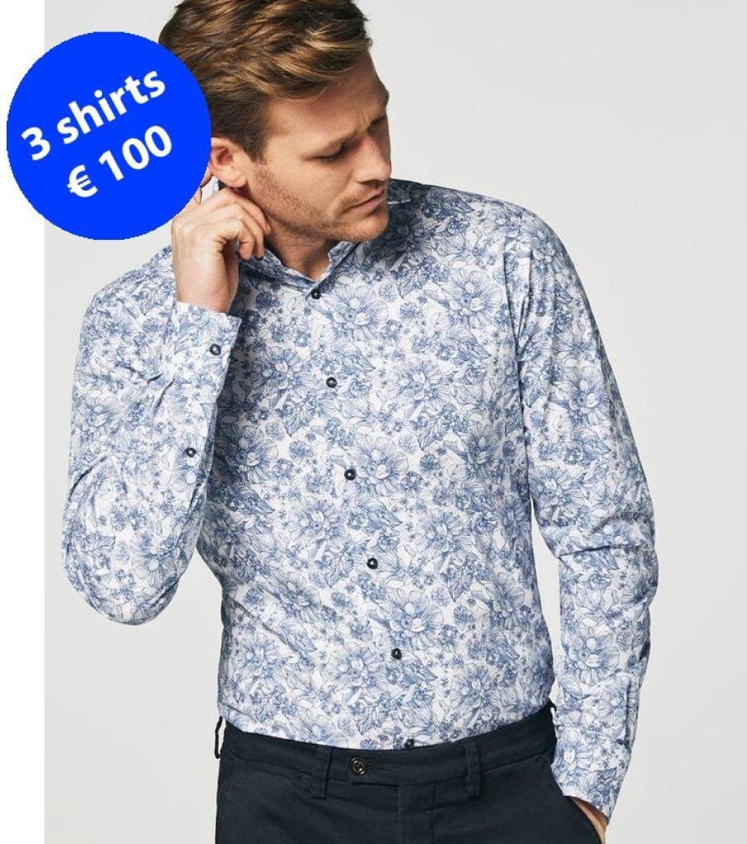 Michaelis Slim Fit overhemd - blauw met wit bloemen dessin - boordmaat 43