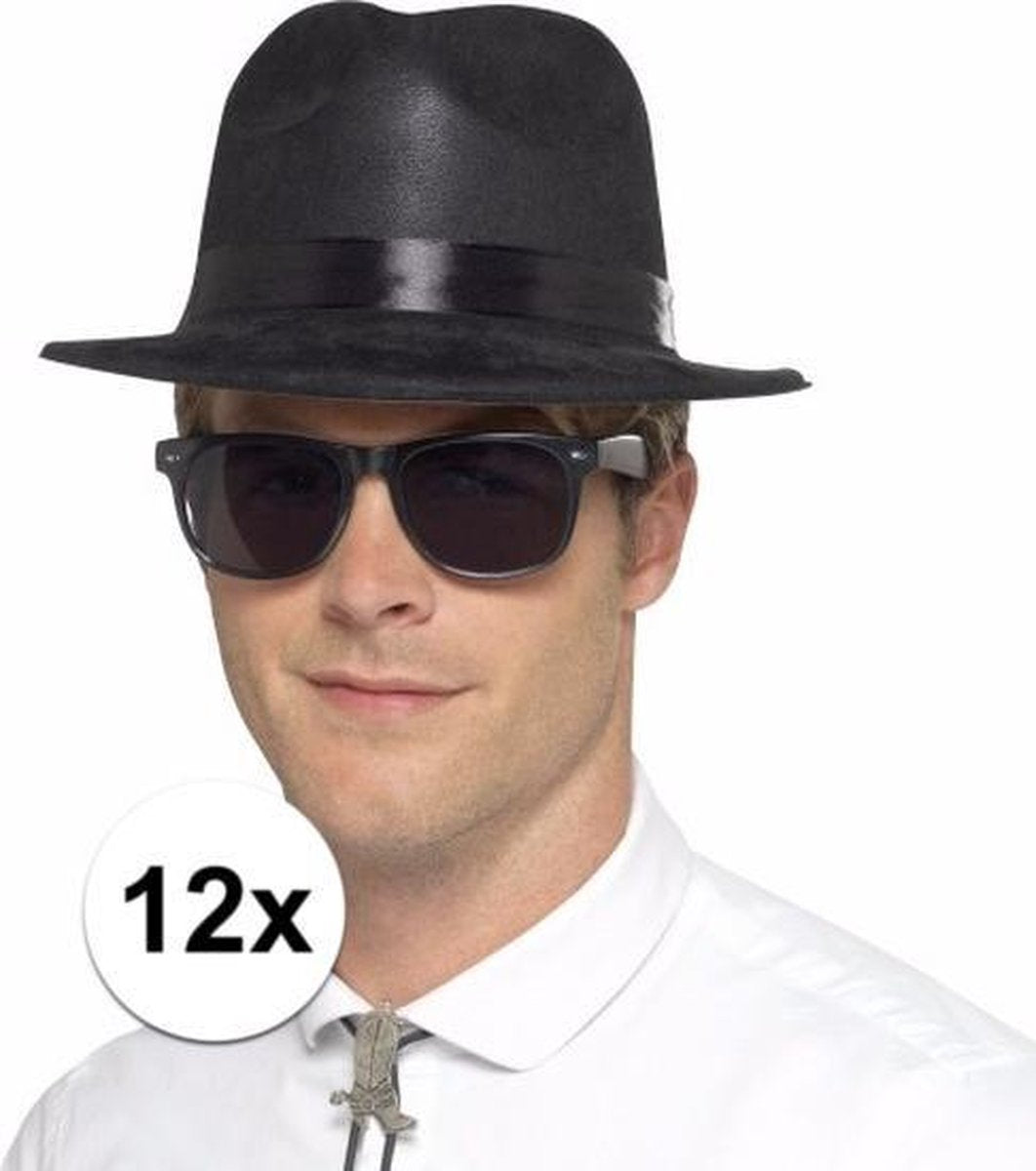 12 zwarte Blues Brothers hoedjes plastic