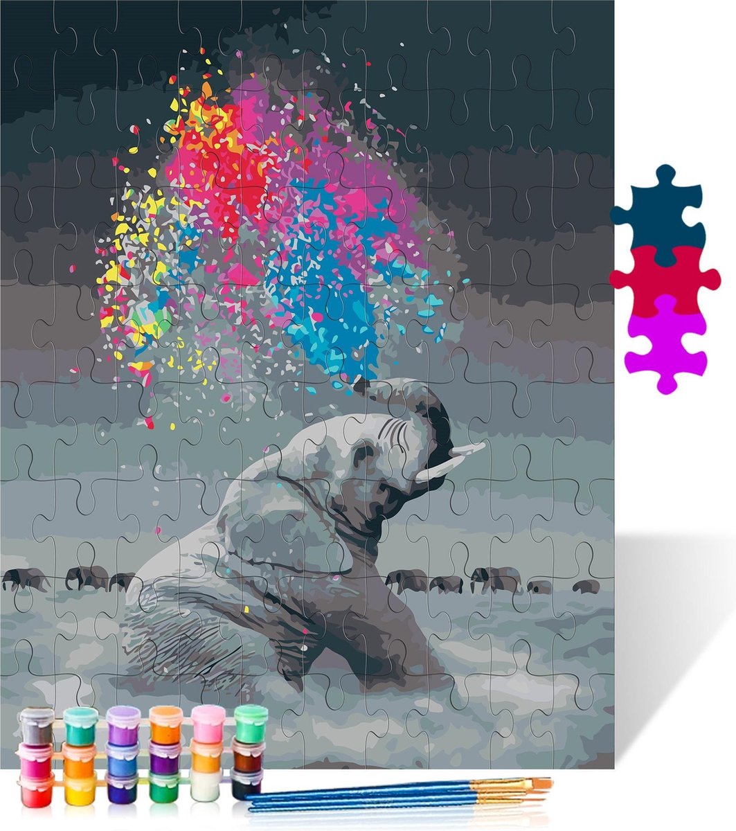 Olifant met kleuren - Puzzel Schilderen op nummer - Houten puzzel - 500 stukjes - 38x52 cm