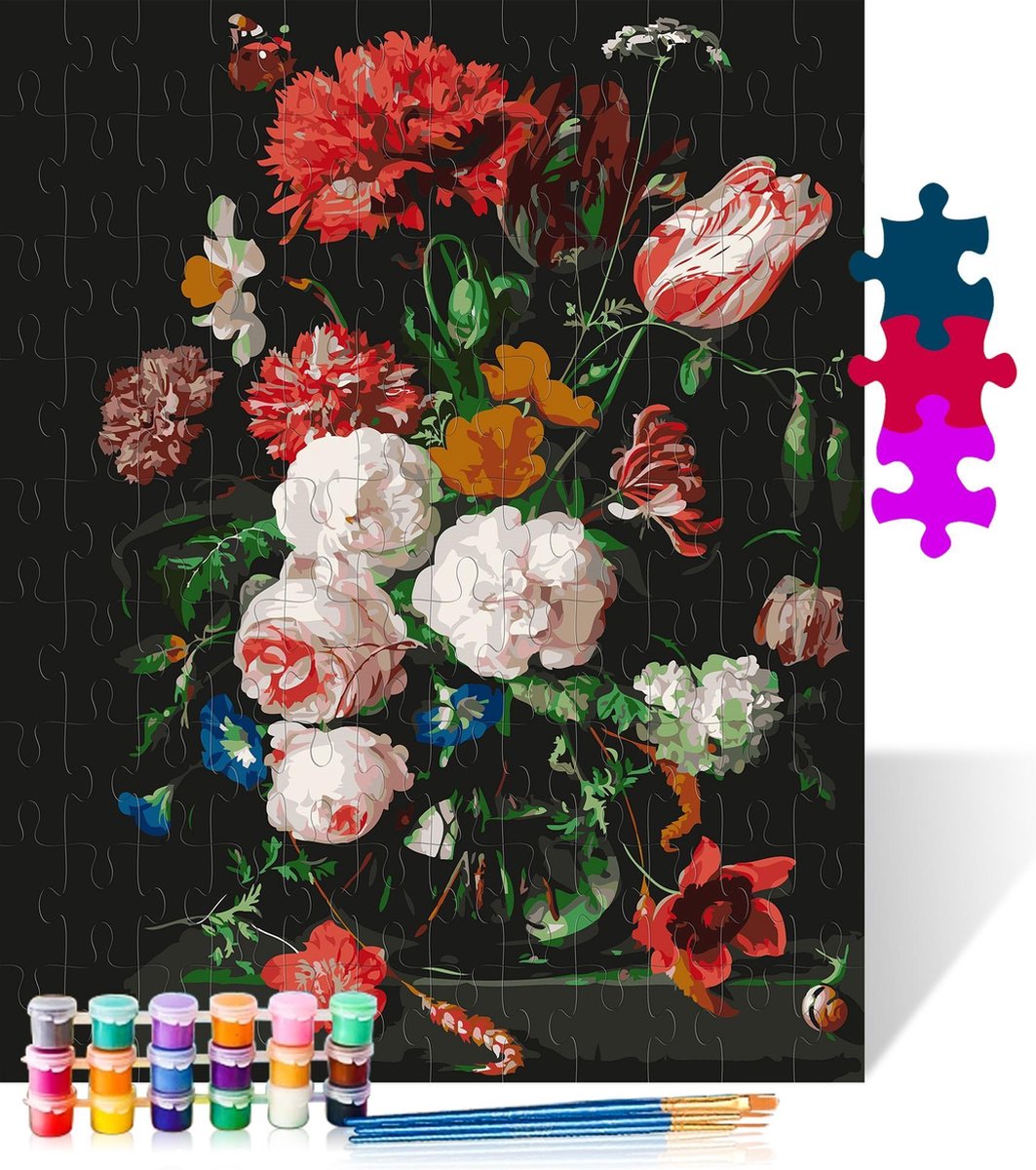 Bloemen in een vaas - Puzzel Schilderen op nummer - Houten puzzel - 500 stukjes - 38x52 cm
