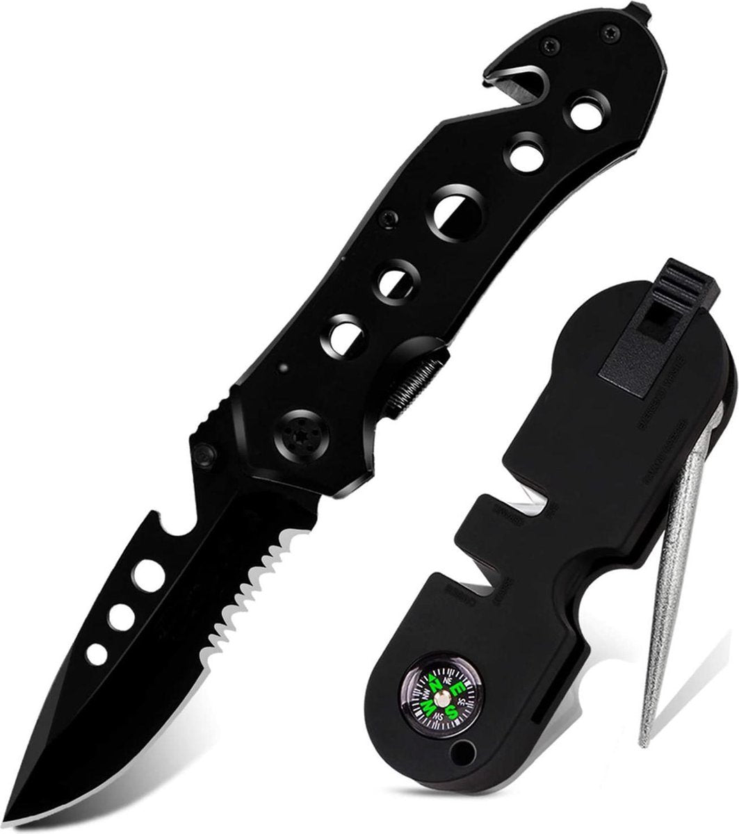 Sefaras 5-in-1 Survival Zakmes met Messenslijper - Inklapbaar - Voor kamperen - RVS - Zwart