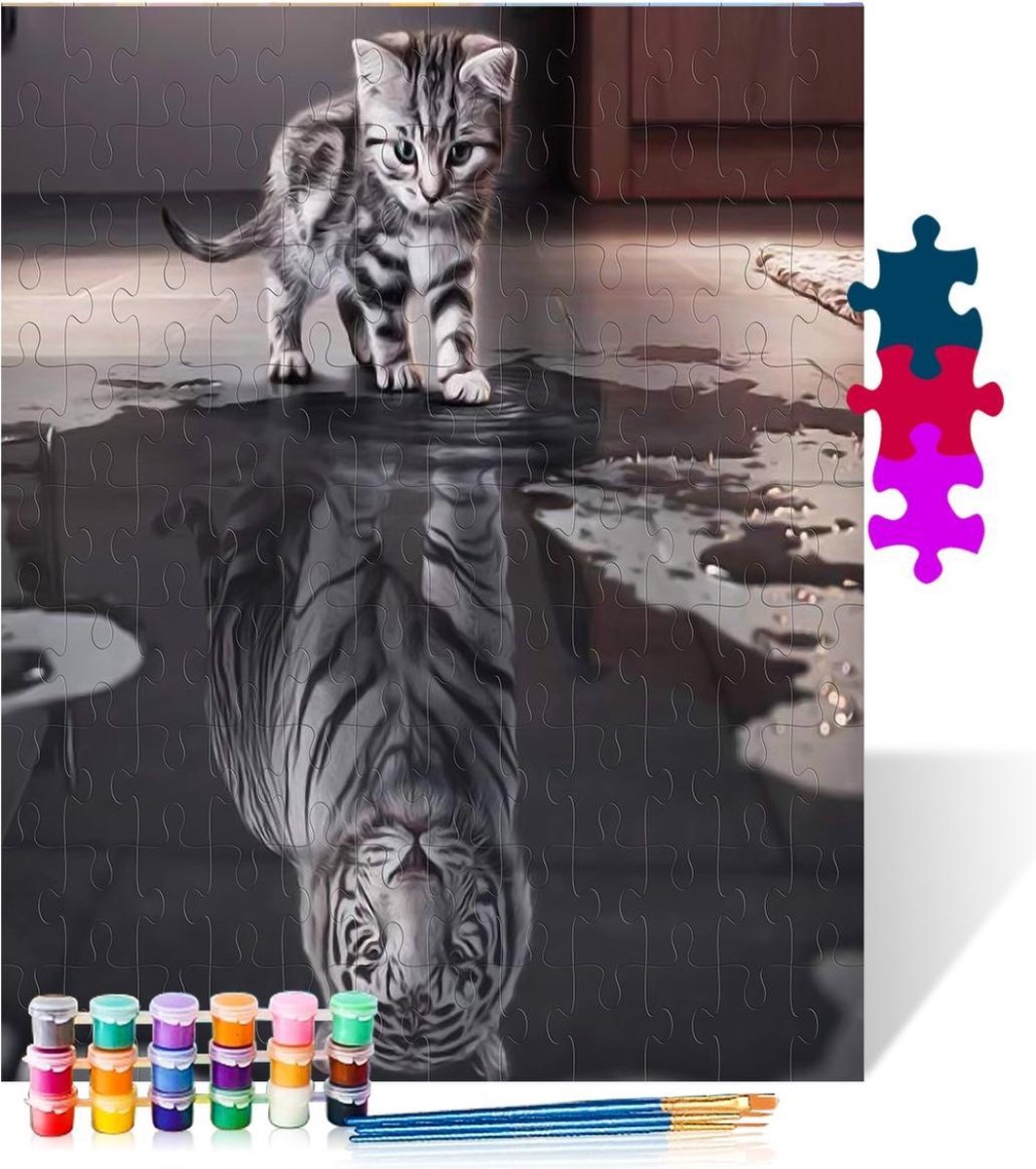 Kat en tijger reflectie - Puzzel Schilderen op nummer - Houten puzzel - 500 stukjes - 38x52 cm