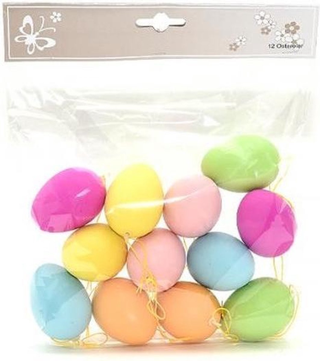36x Gekleurde plastic Paaseieren hangdecoratie 5 cm - pastel - Paasversiering / Paasdecoratie