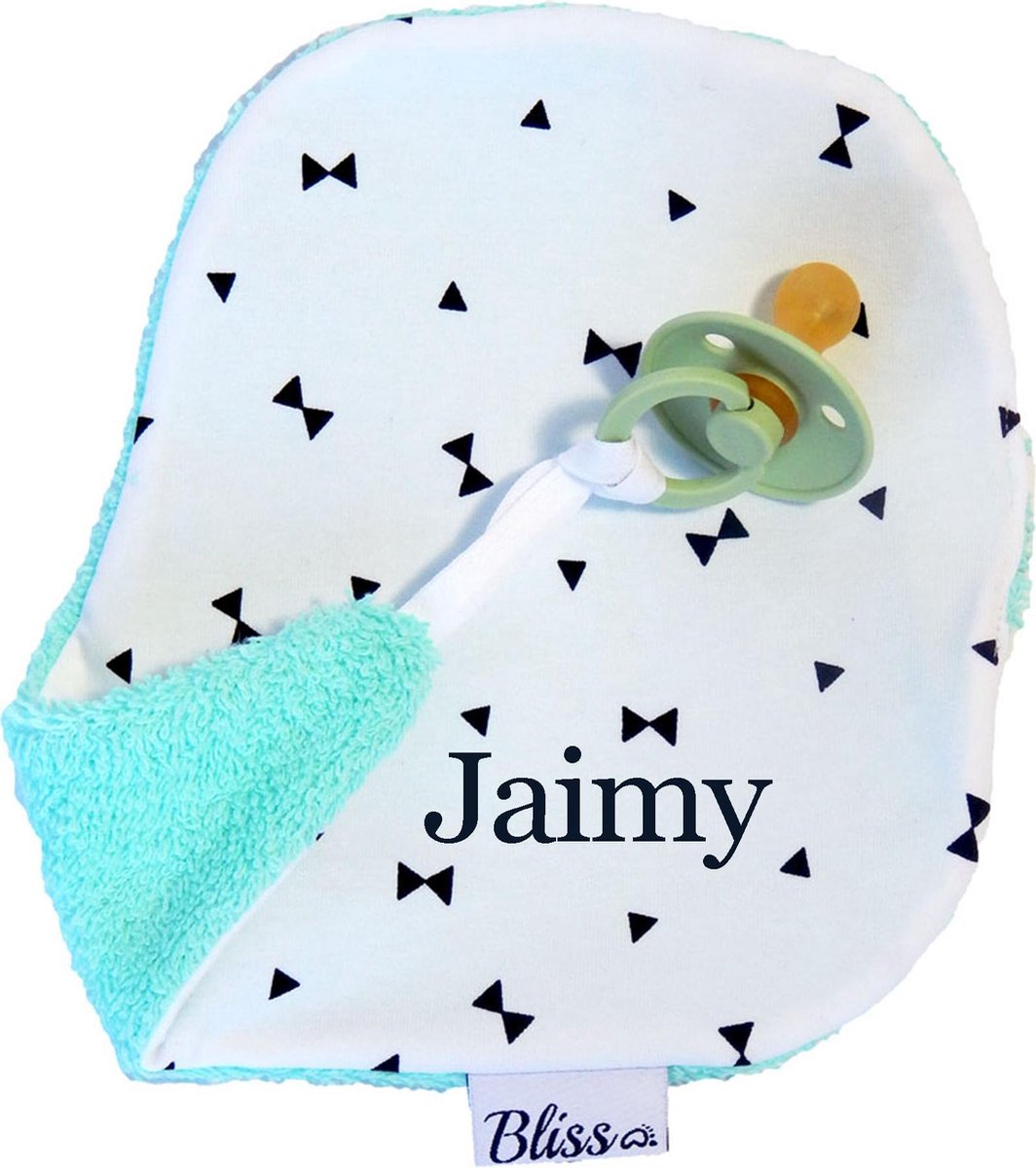 Speendoekje - Knuffeldoekje met naam - gepersonaliseerd cadeau - Wallabiezzz - Strikjes Zwart/Wit Mint achterzijde