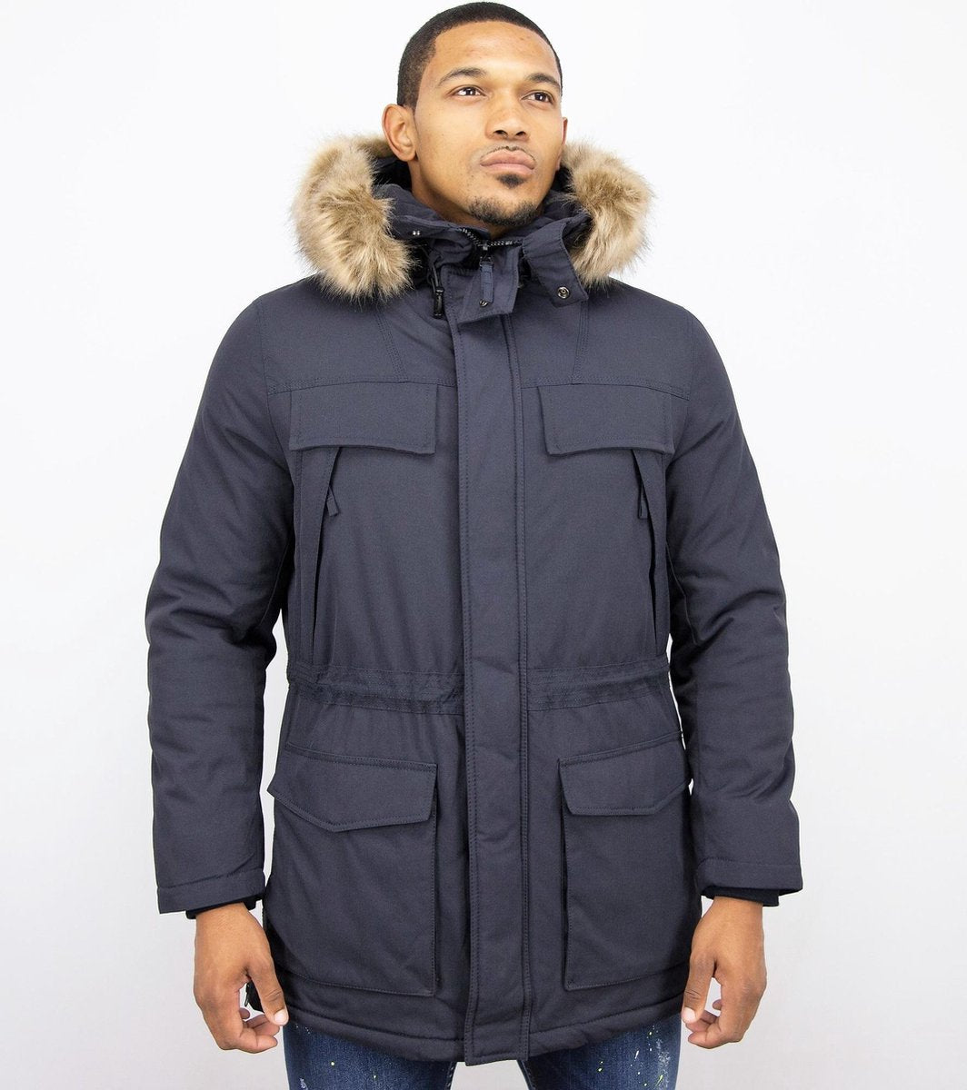 Enos Lange Heren Parka Jas - Met Faux Bontkraag - Blauw - Maat: XS