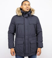 Enos Lange Heren Parka Jas - Met Faux Bontkraag - Blauw - Maat: XS