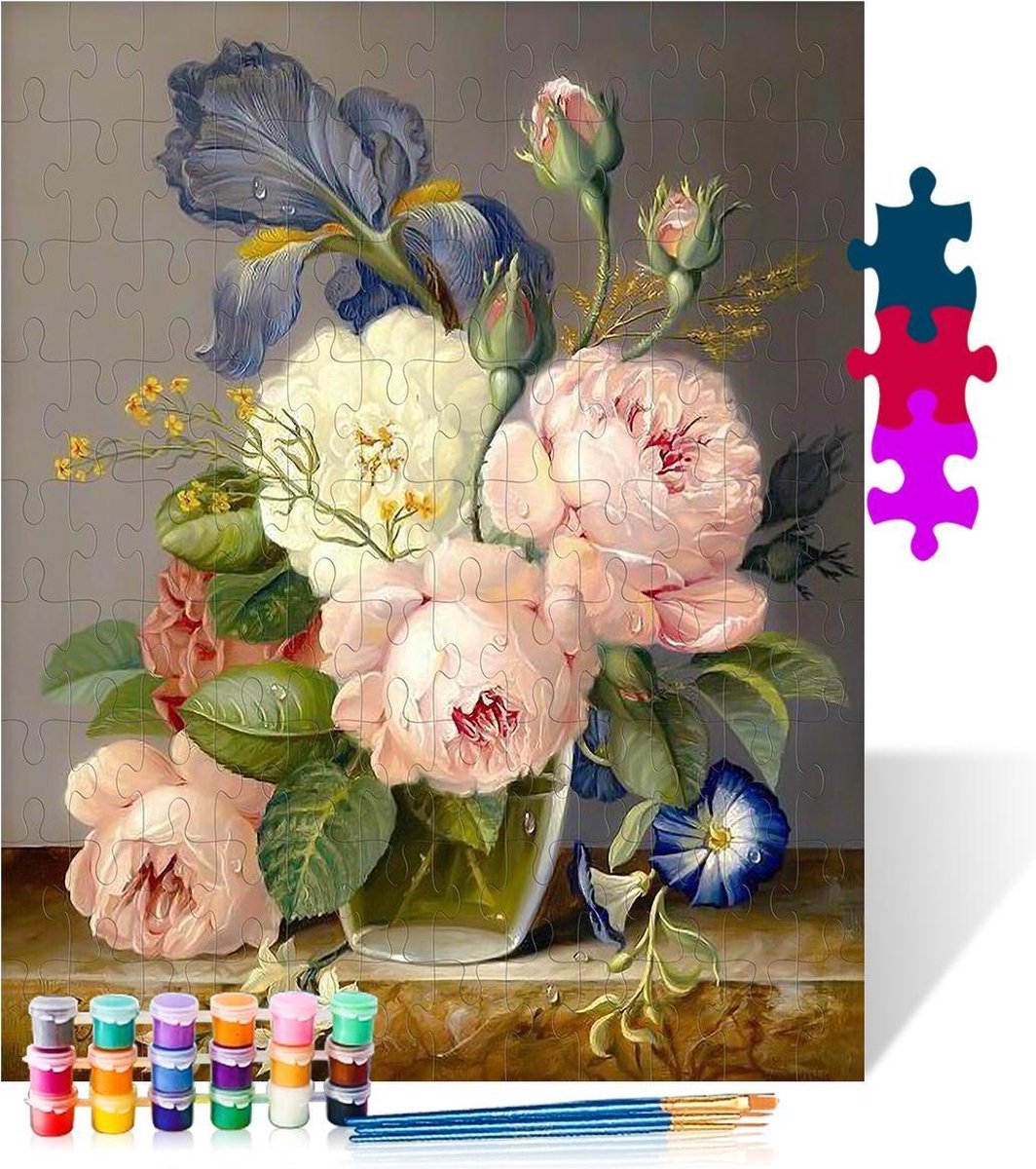 Bloemen op een plank - Puzzel Schilderen op nummer - Houten puzzel - 500 stukjes - 38x52 cm