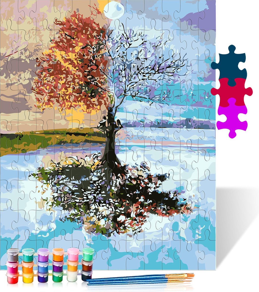 4 seizoenen boom - Puzzel Schilderen op nummer - Houten puzzel - 500 stukjes - 38x52 cm