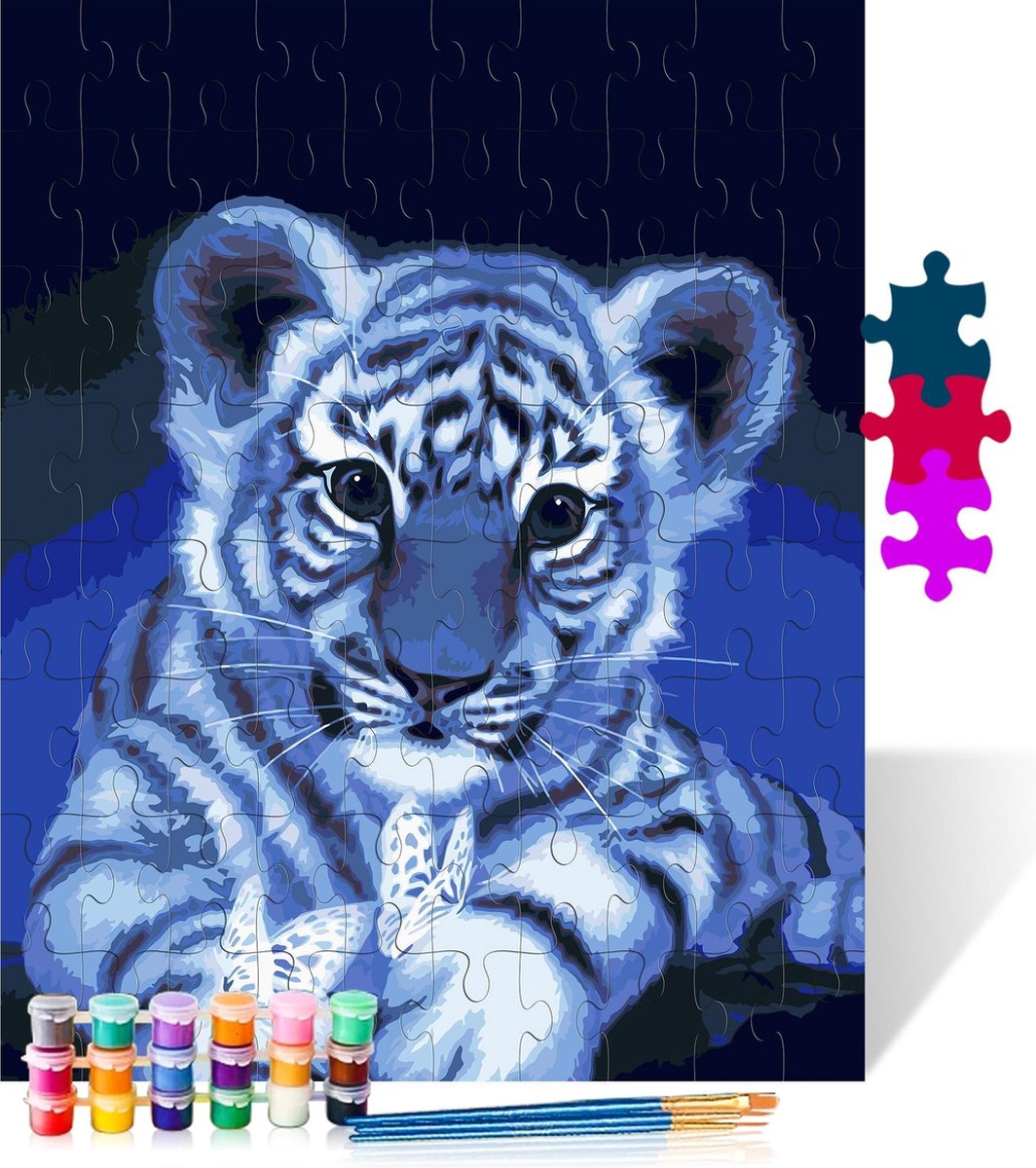 Tijgertje met vlinder - Puzzel Schilderen op nummer - Houten puzzel - 500 stukjes - 38x52 cm