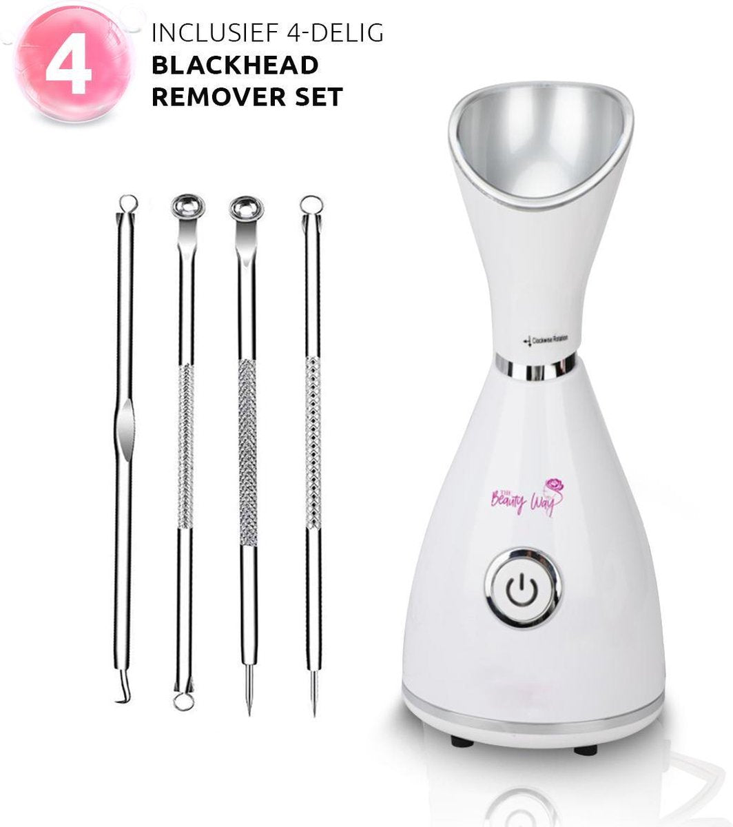 TheBeautyWay Gezichtssauna - Met 4-delig Blackhead Remover Set - Wit - Huidverzorging voor Acne/Mee-Eters/Blackheads/Puisten/Poriën/Onzuivere Huid