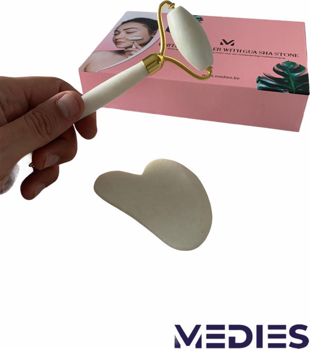 Medies - professionele witte gezichtsroller met gua sha schraper | luxe set jade roller met gua sha stone| jaderoller | gezichtsroller jade | jade roller | jade roller set | face roller | gua sha shraper - luxe doos met magnetische sluiting - wit