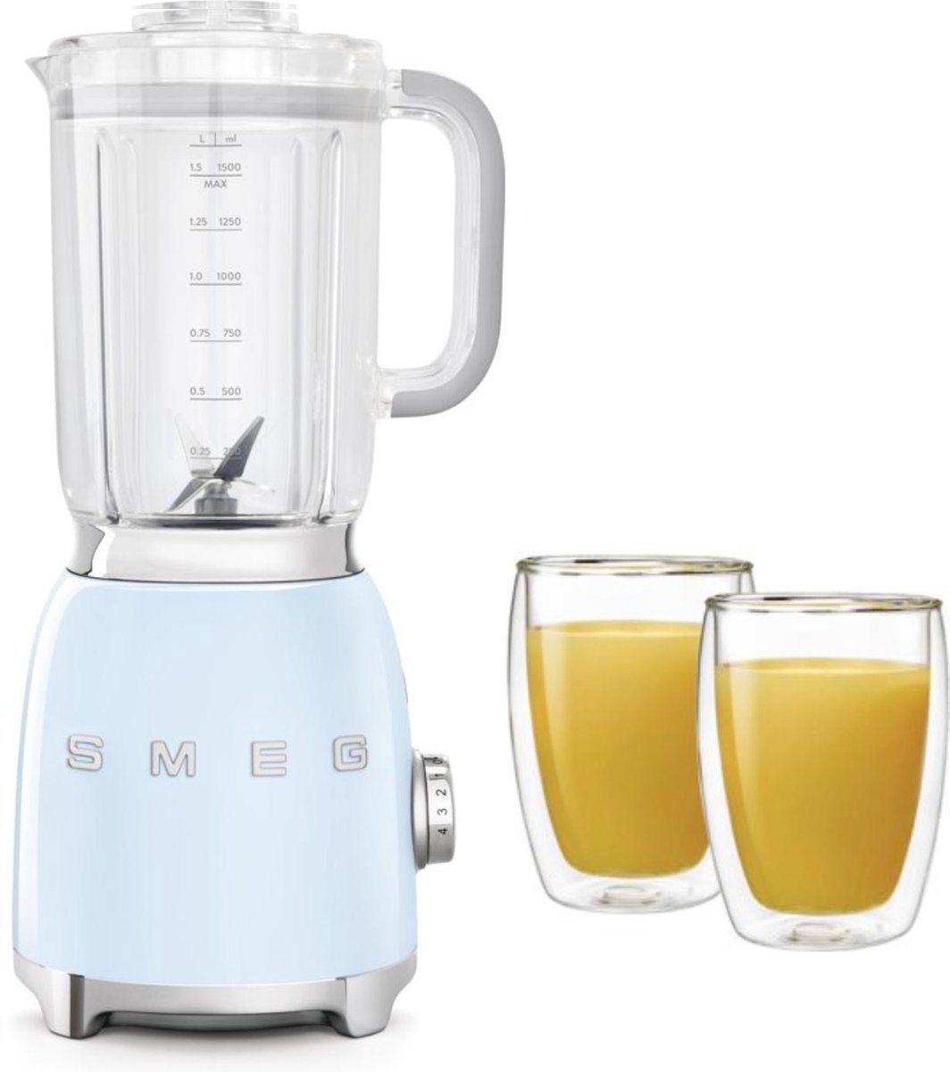 SMEG Blender Pastelblauw + Maxxo Dubbelwandige Glazen 2 stuks