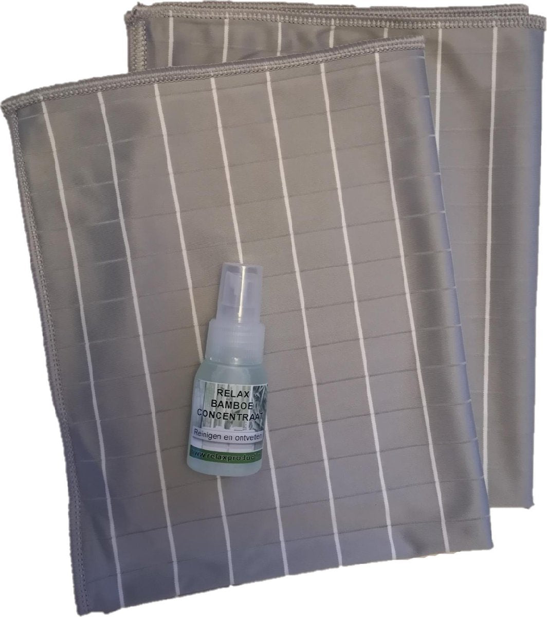 Ramenset - Raamdoeken - Microvezel glasdoeken - Droogdoek- Microvezeldoek - Zeem - Droogdoek - Keukendoek - Wonderdoek - Streeploos schoonmaken - ACTIE 2 STUKS GRIJS + Relax Bamboe Concentraat