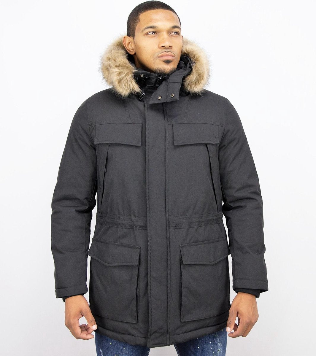 Enos Lange Heren Parka Jas – Met bontkraag - Zwart - Maat: S
