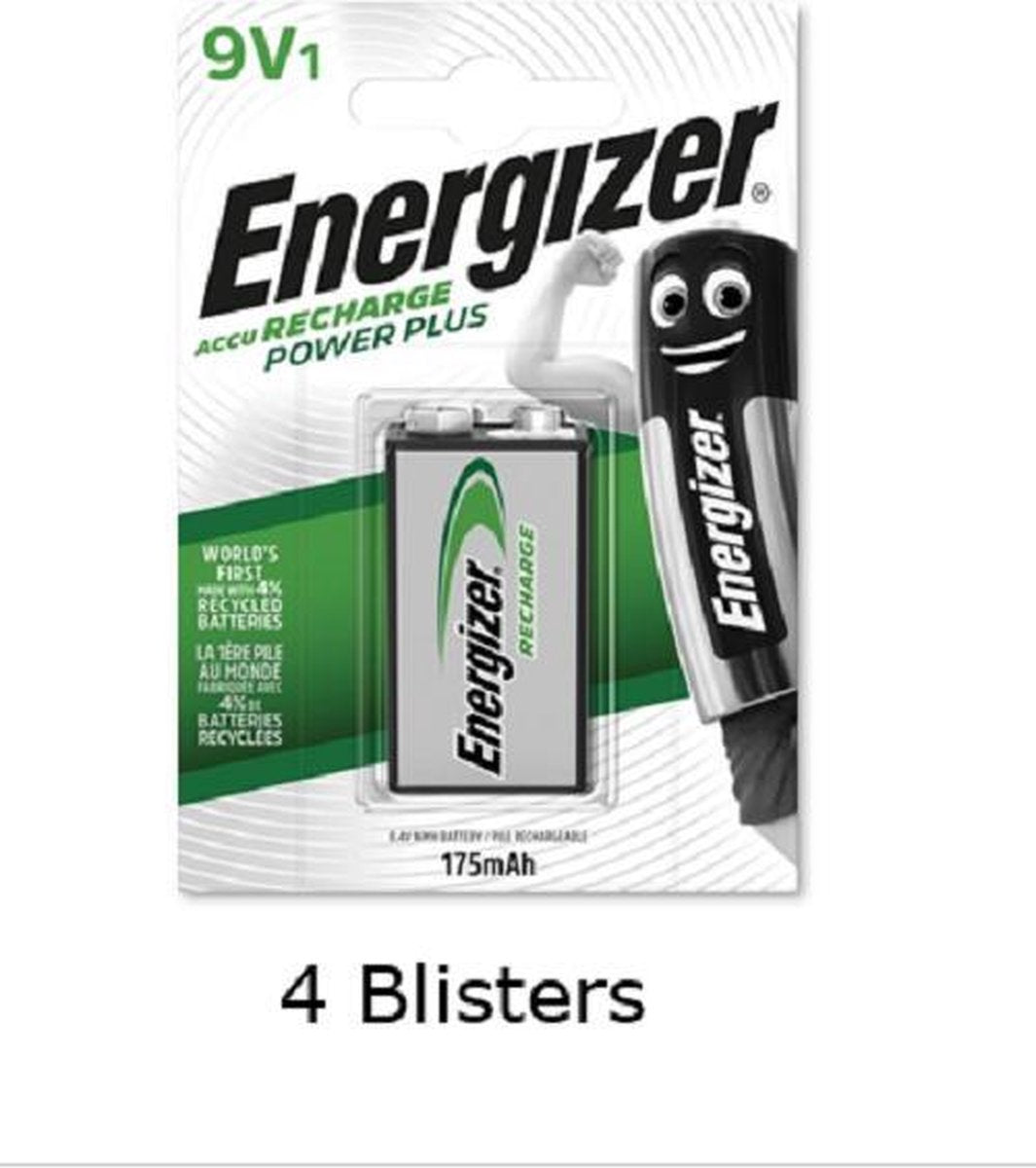 4 stuks (4 blisters a 1 stuk) Energizer 9V batterij oplaadbaar 175 mAh HR22 Rechargeable
