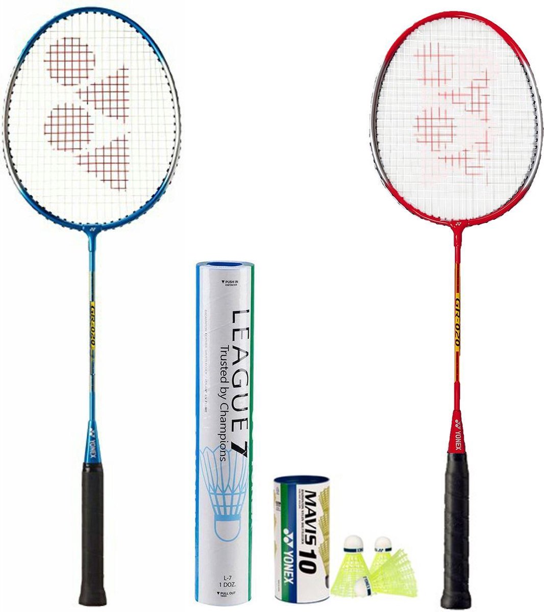 Yonex badmintonset GR-020 blauw/rood met Yonex League 7 verenshuttle & Mavis 10 plastic shuttles