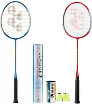 Yonex badmintonset GR-020 blauw/rood met Yonex League 7 verenshuttle & Mavis 10 plastic shuttles