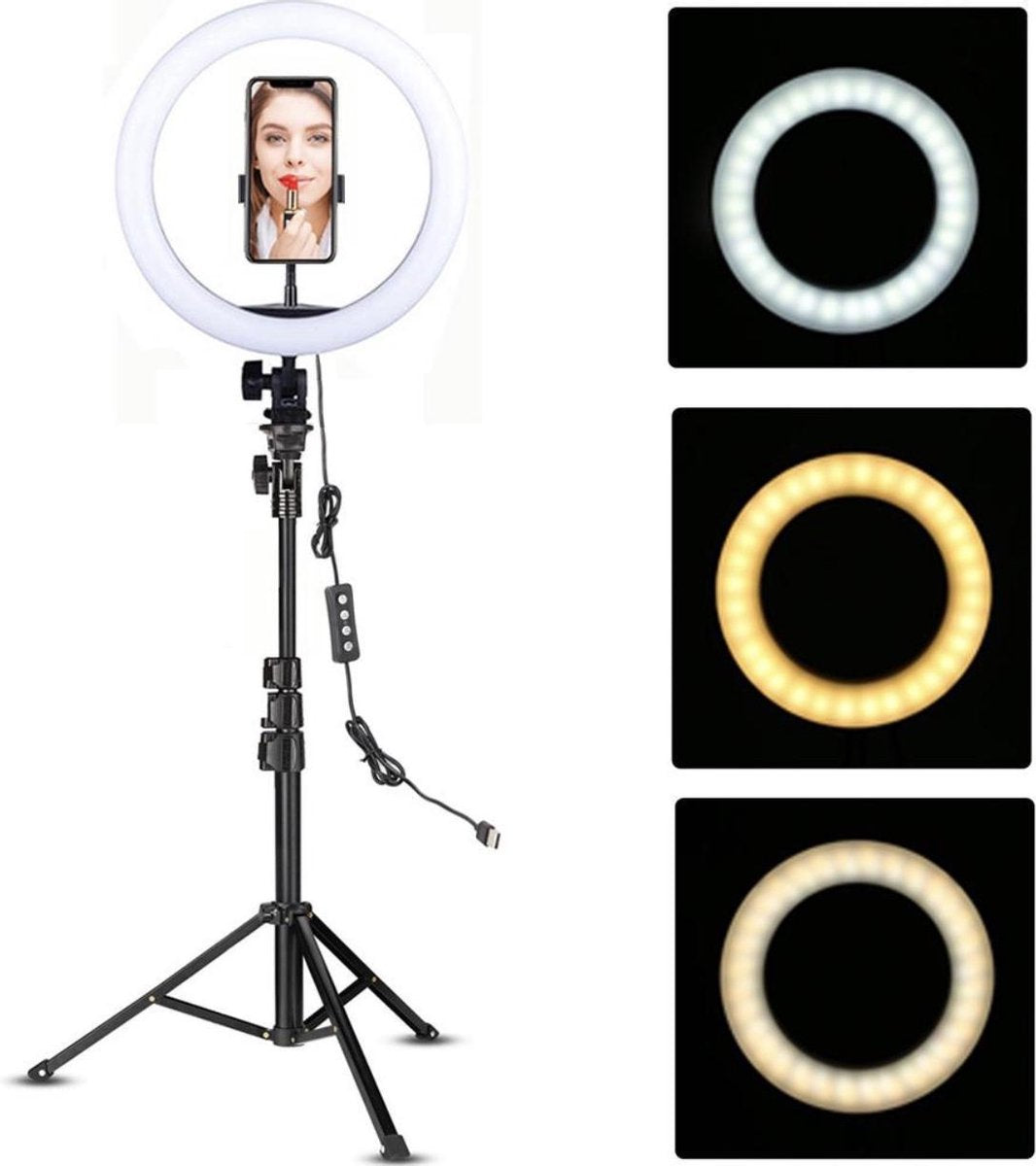 Selfie LED Ring Lamp 26Cm /10 inch met Spigel inc Statief Tripod Camera 210 CM hoog + Bluetooth afstandsbediening en Telefoonhouder