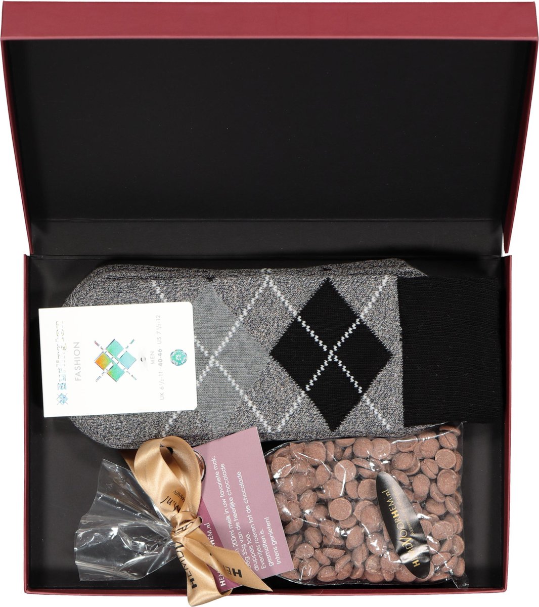 Hot Chocolade heren cadeauset Burlington Huissokken met warme chocolademelk - grijs geruit -  Maat: 40-46