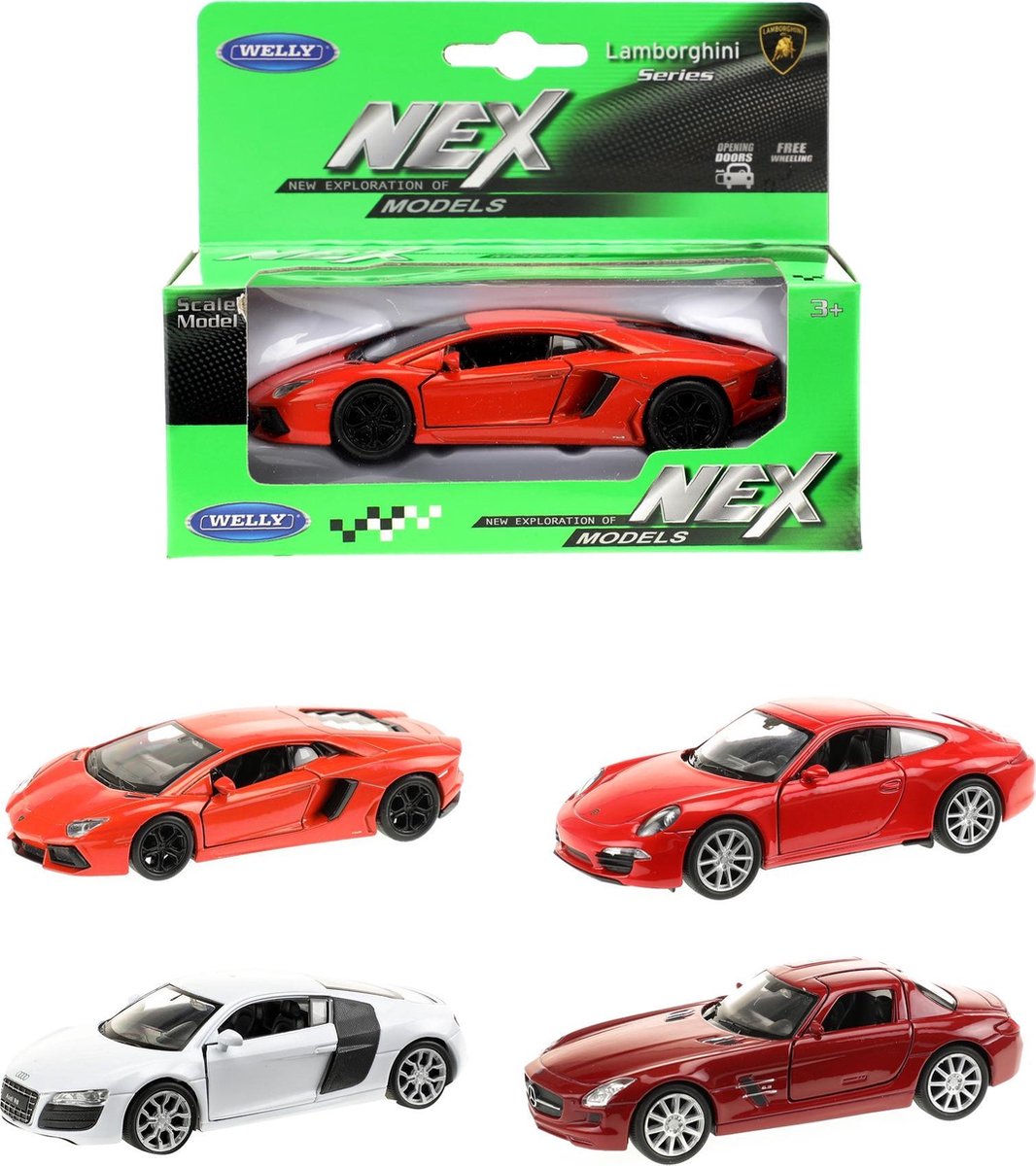 Welly Supercar Collection in vensterdoos 4-ass Lamborghini Aventador LP700-4 AUDI R8 V10 PORSCHE 911 (991) CARRERA S Mercedes SLS AMG