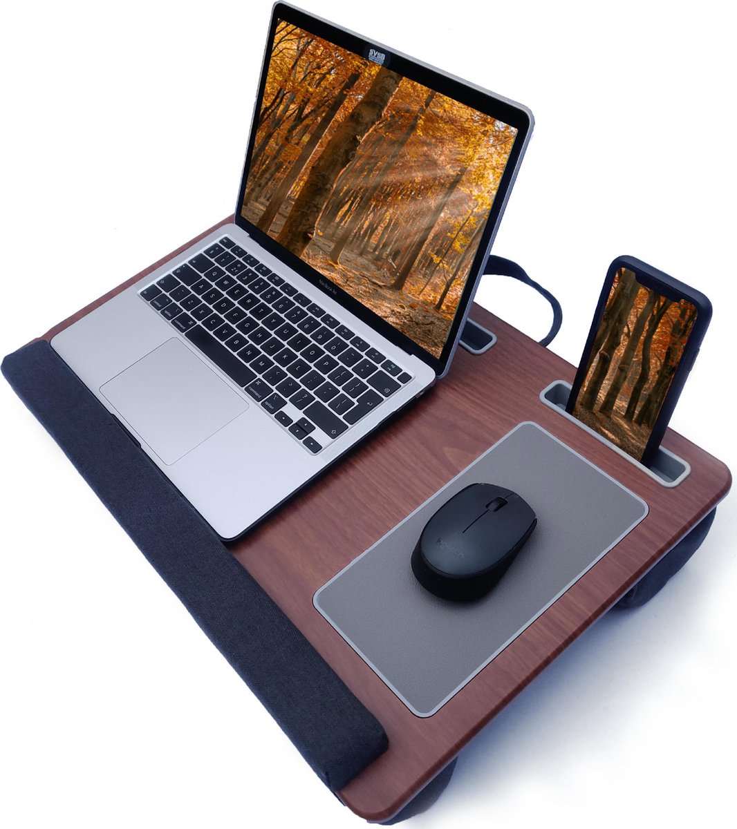 Syrad® Laptoptafel met Kussen en Polssteun – 2 Muismatten – Eiken Look – Laptop standaard voor laptops t/m 17 inch – Laptop tafel – Computertafel – Laptopkussen – Laptophouder – Bedtafel – Boekenstandaard – Boekenhouder