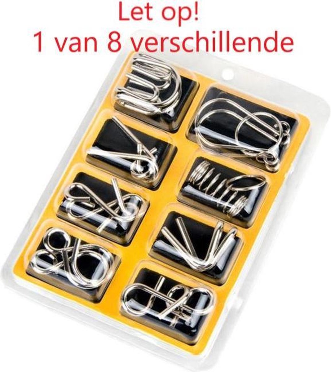 1 van 8 verschillende Random Gekozen Metalen Puzzel Breinbreker|Hersenkraker|Denkspel|Brain Teaser|Puzzel|Geduldspel|Geel|Stipco