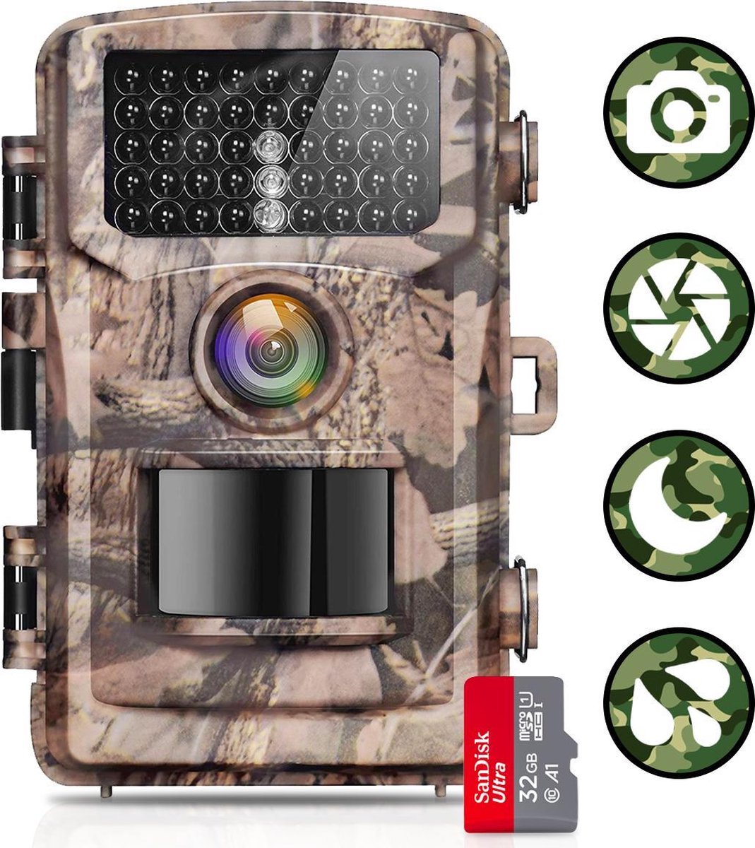 AyeWay Wildcamera – Wildlife camera - Wildcamera met nachtzicht – Camera voor buiten – Spatwaterdicht – Infraroodcamera – Inc. 32 GB SD Kaart