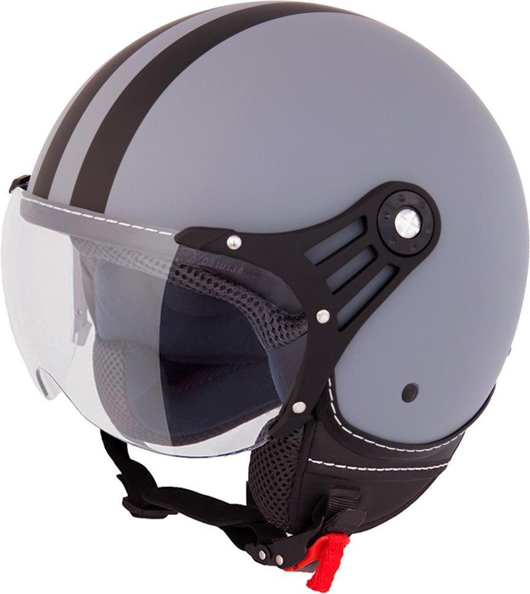 Vinz Fiori Jethelm Grijs met Zwarte Strepen / Scooterhelm / Brommerhelm / Motorhelm / Fashionhelm voor Scooter / Vespa / Brommer / Motor