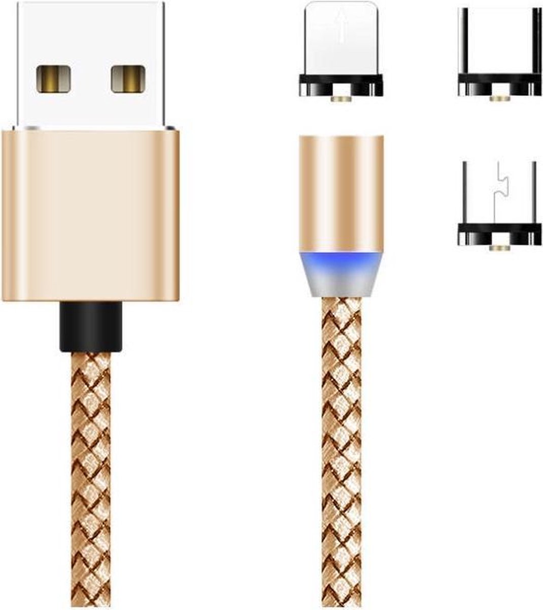 3-in-1 Magnetische Oplaadkabel - Magneet met Lightning /Micro-USB/USB-C adapter - 360 graden Goud - Geschikt voor Apple iPhone