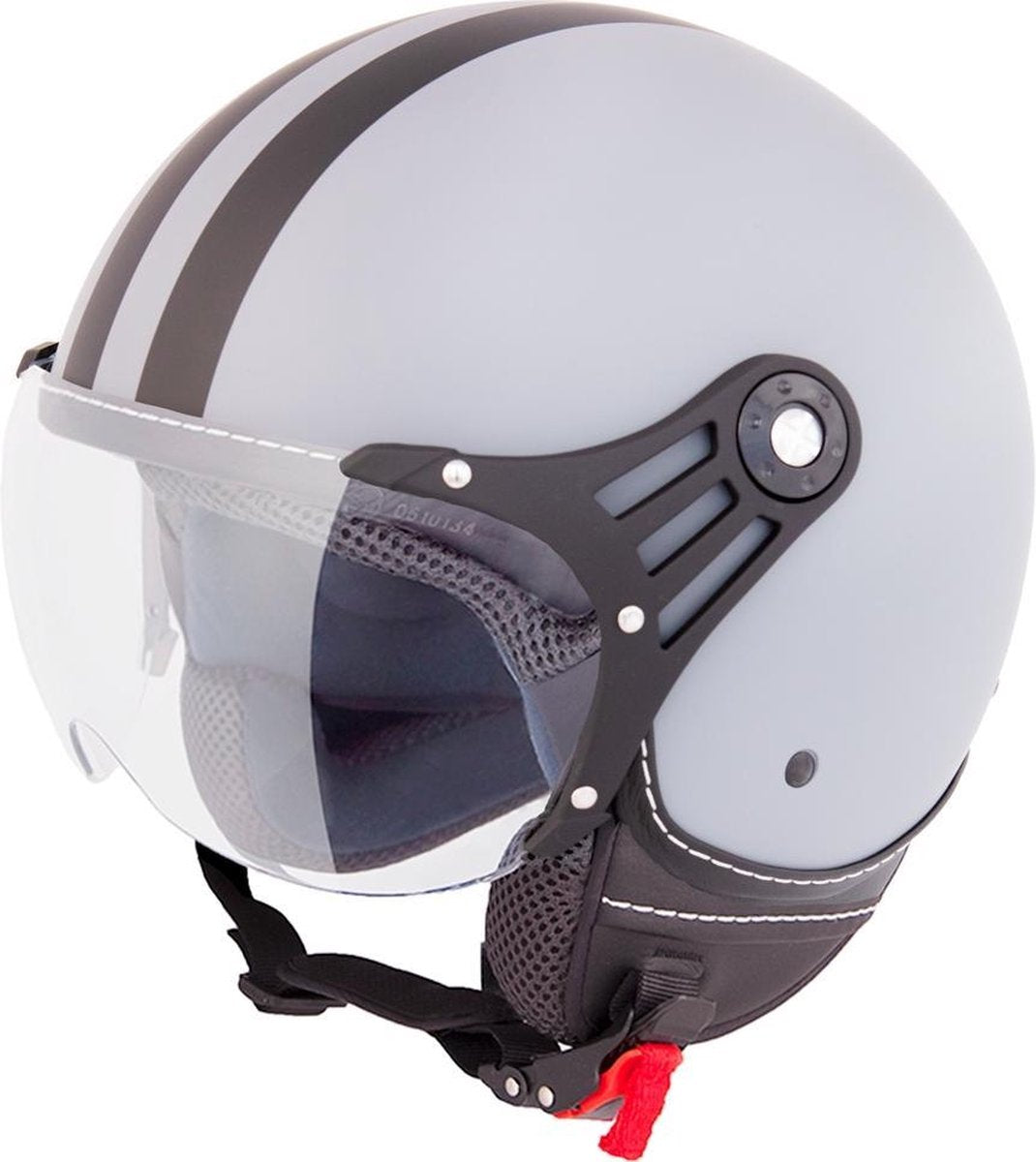 Vinz Fiori Jethelm Grijs met Zwarte Strepen / Scooterhelm / Brommerhelm / Motorhelm / Fashionhelm voor Scooter / Vespa / Brommer / Motor