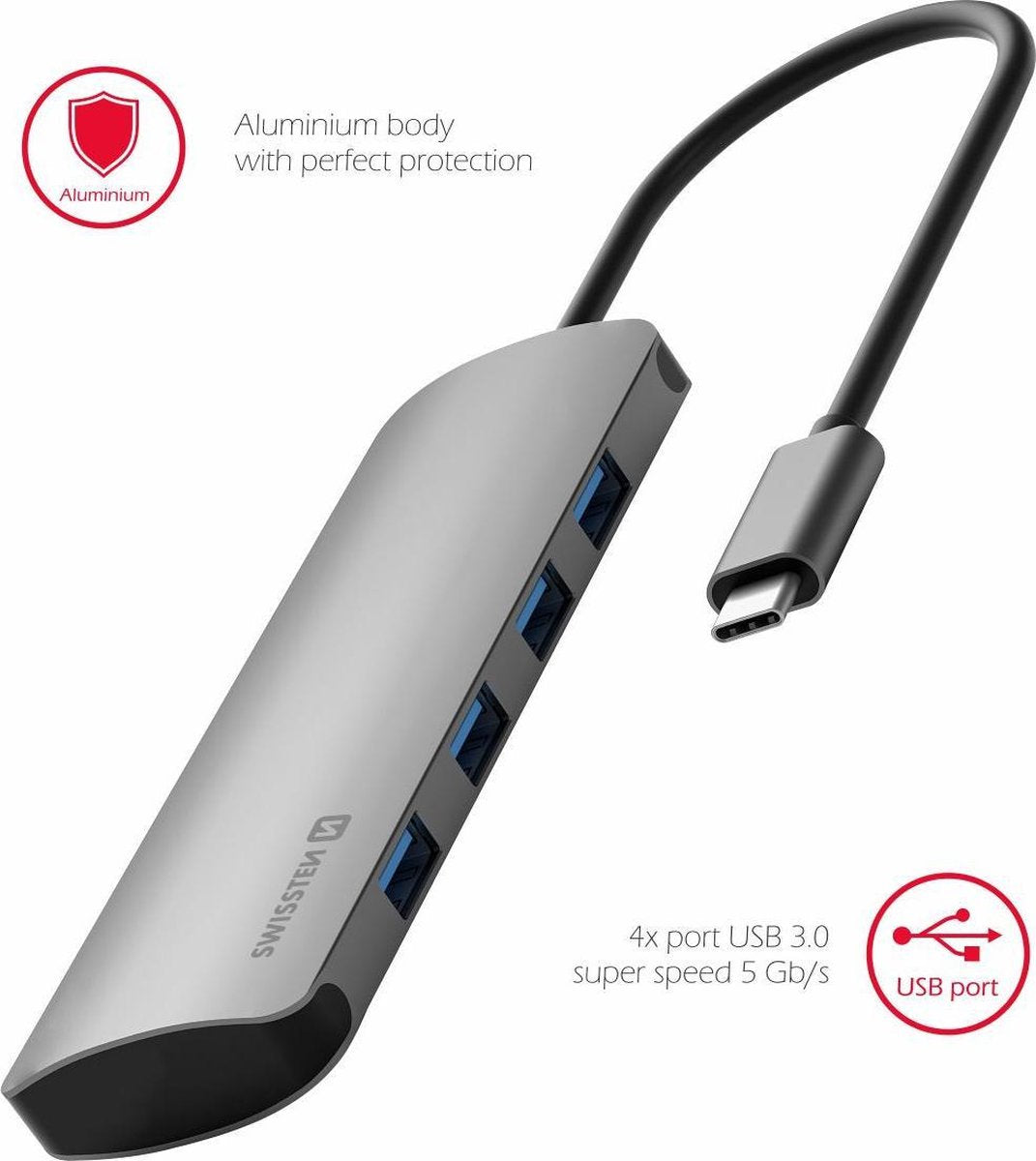 Swissten Aluminium 4 in 1 USB-C Hub Adapter voor Macbook - 4x USB 3.0 - Grijs