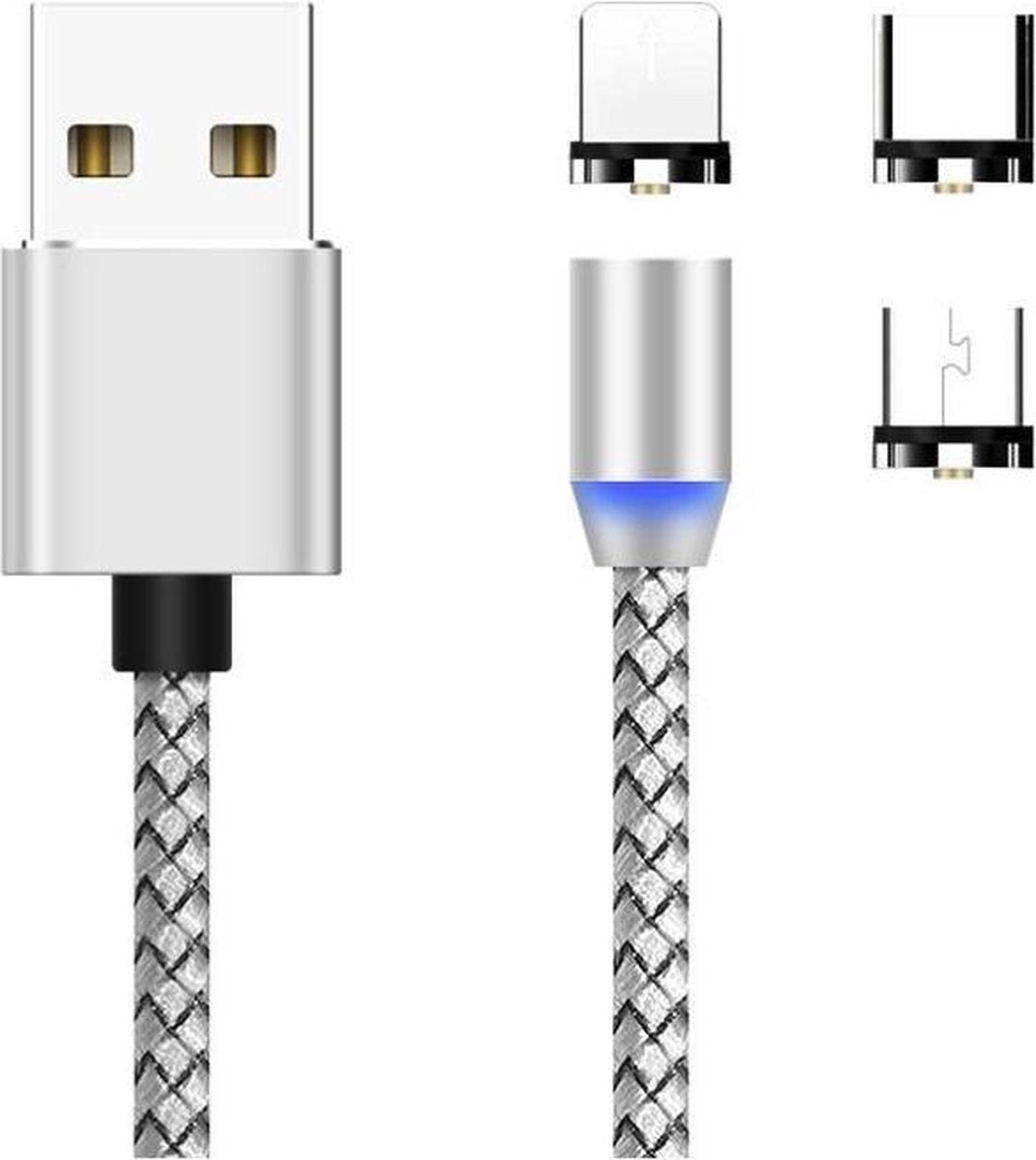 3-in-1 Magnetische Oplaadkabel - Magneet met Lightning /Micro-USB/USB-C adapter - 360 graden Zilver - Geschikt voor Apple iPhone